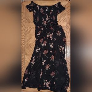 Express maxi double slit off the shoulder black floral dress